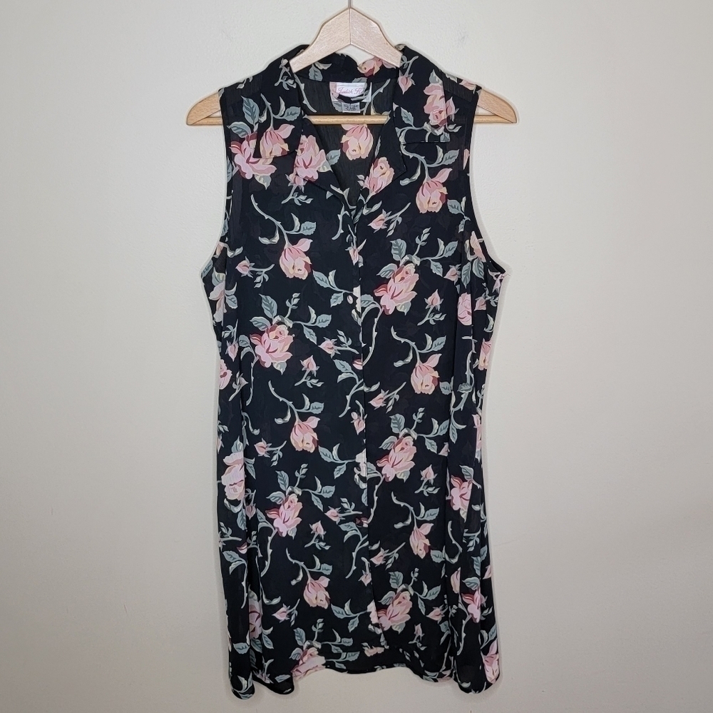 Vintage Judith Hart Fine Intimate Apparel Black Pink Floral Nightie Size Large